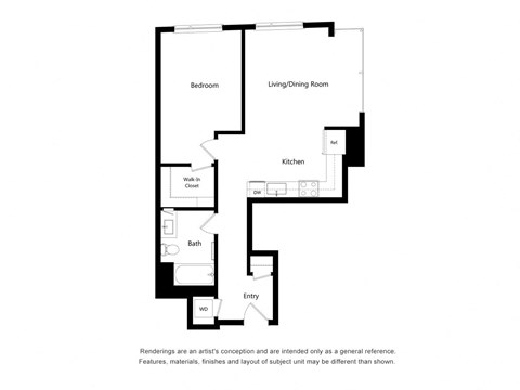 Floor plan for 1 bed, 1 bath, 753 sqft